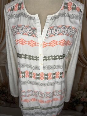 Hannah White Tunic with Coral and Grey Tribal Stripes